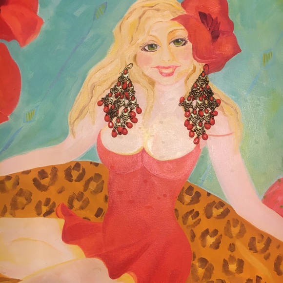 Boho Gold & Coral Beaded Dangling Earrings - Picture 4 of 7